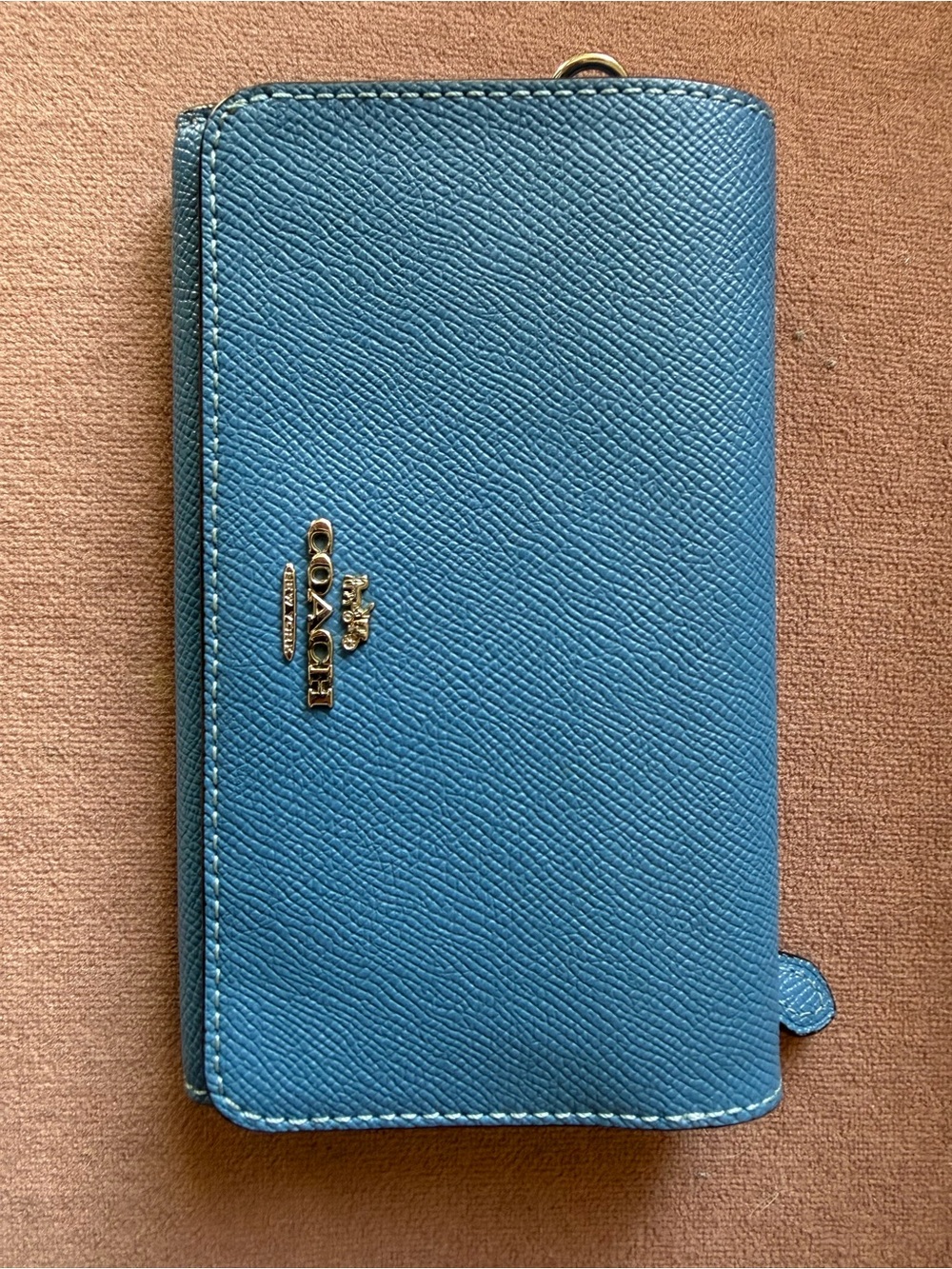 Coach Blue Crossgrain Leather Phone Wallet Clutch Gold Hardware
